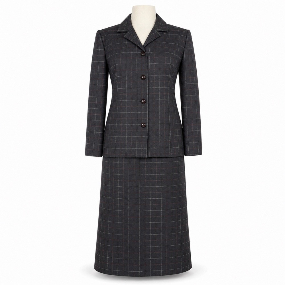Vintage Pendleton Wool Skirt Suit Set Charcoal Gray Pink Grid Plaid Size 14 2pc